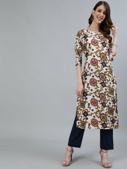 Women's Off - White Printed Straight Kurta With Three Quarter Sleeves