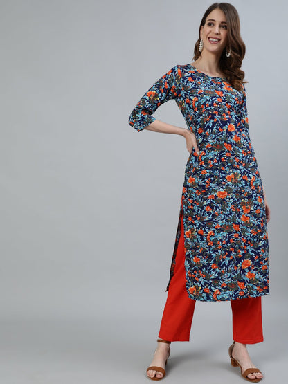 Women's Blue Printed Straight Kurta With Three Quarter Sleeves