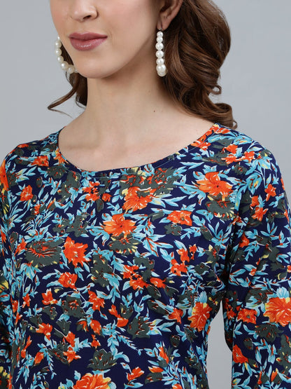 Women's Blue Printed Straight Kurta With Three Quarter Sleeves
