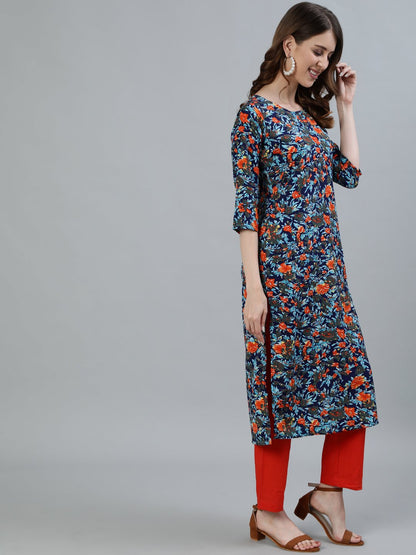 Women's Blue Printed Straight Kurta With Three Quarter Sleeves