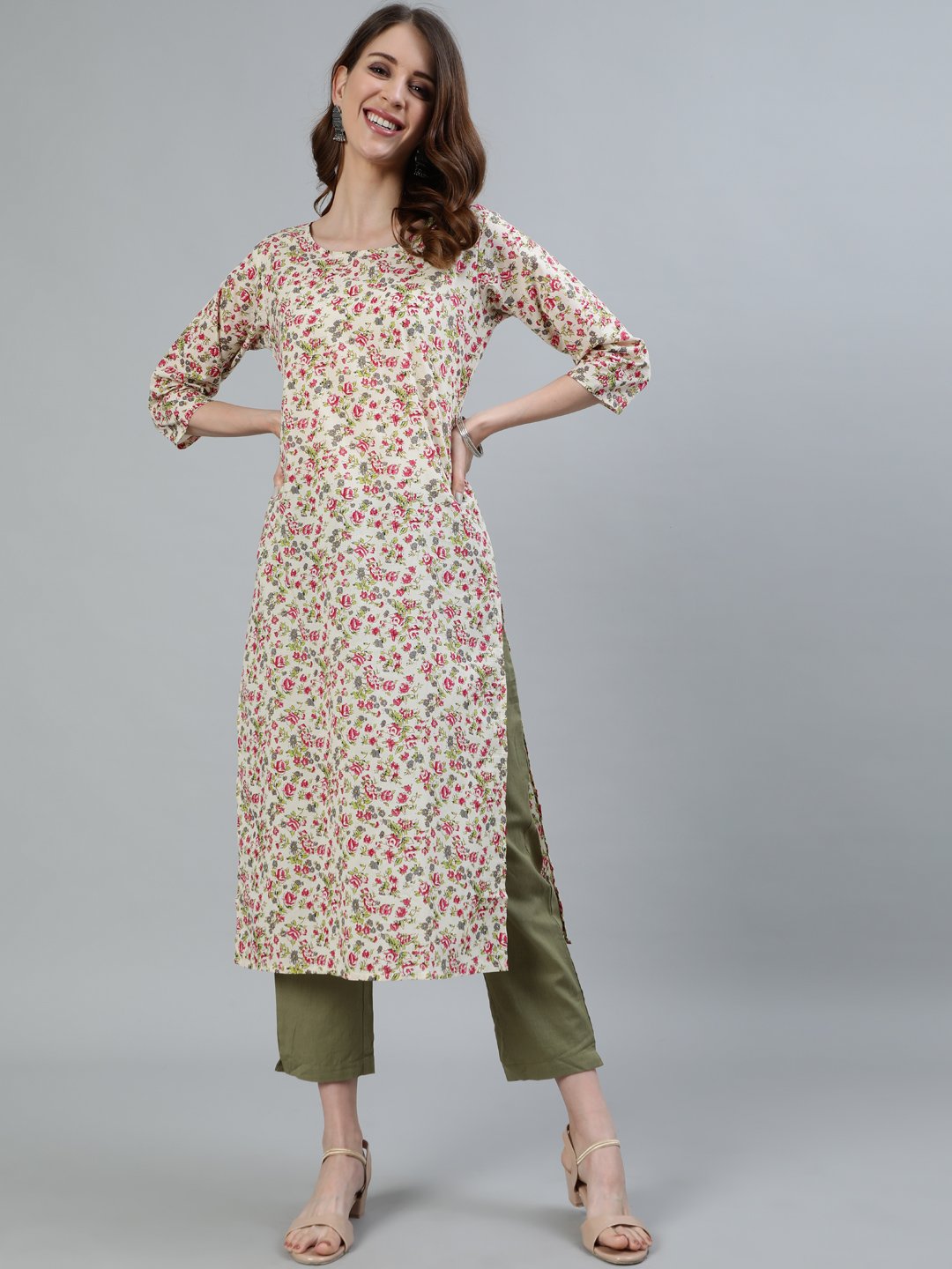 Women's Cream Floral Printed Straight Kurta With Three Quarter Sleeves