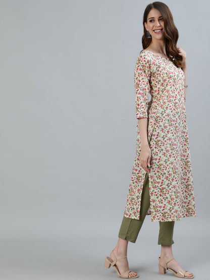 Women's Cream Floral Printed Straight Kurta With Three Quarter Sleeves