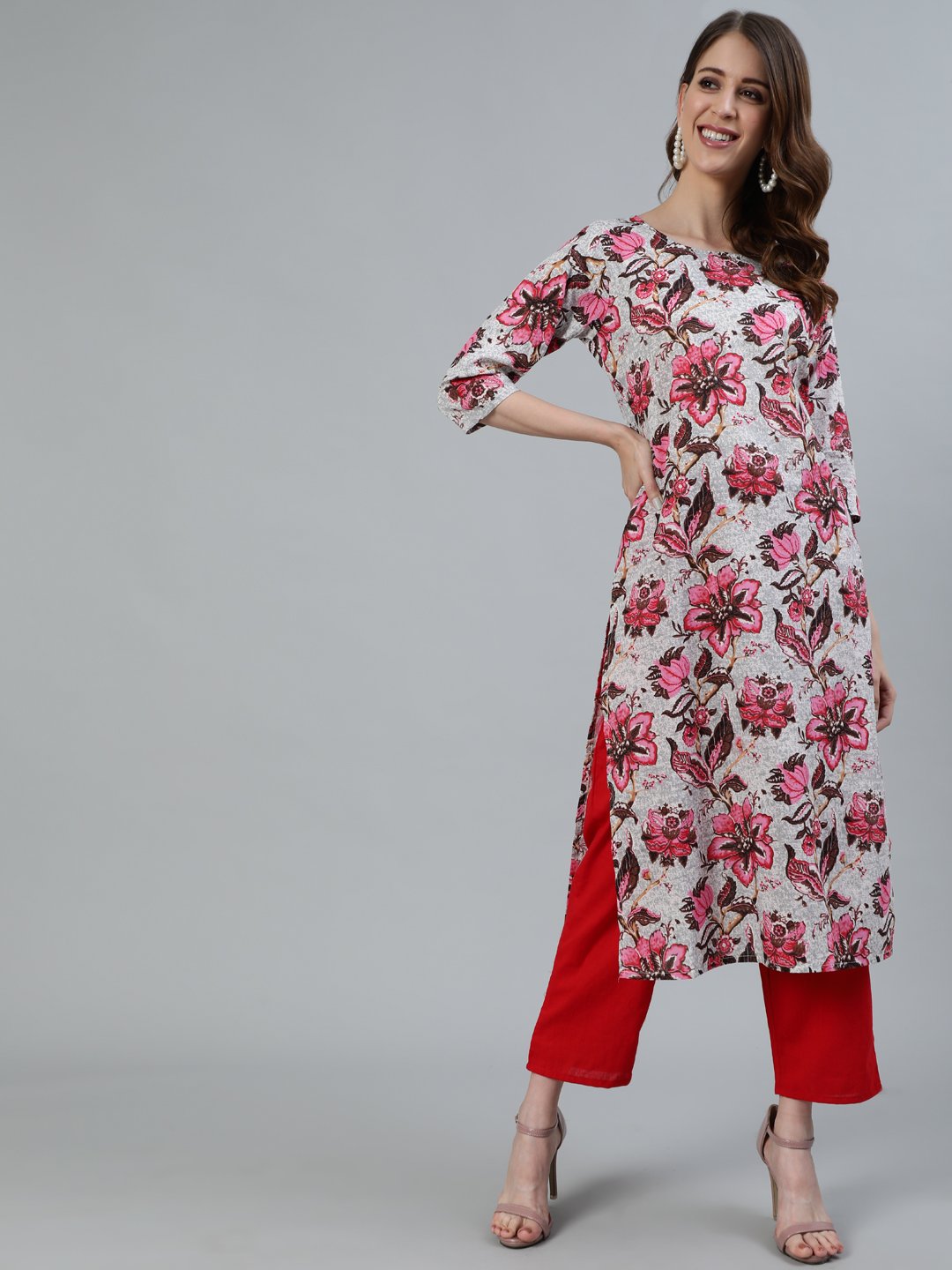 Women's Off- White Floral Printed Straight Kurta With Three Quarter Sleeves