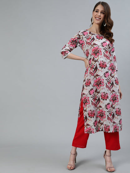 Women's Off- White Floral Printed Straight Kurta With Three Quarter Sleeves
