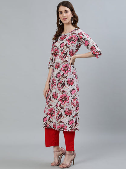 Women's Off- White Floral Printed Straight Kurta With Three Quarter Sleeves