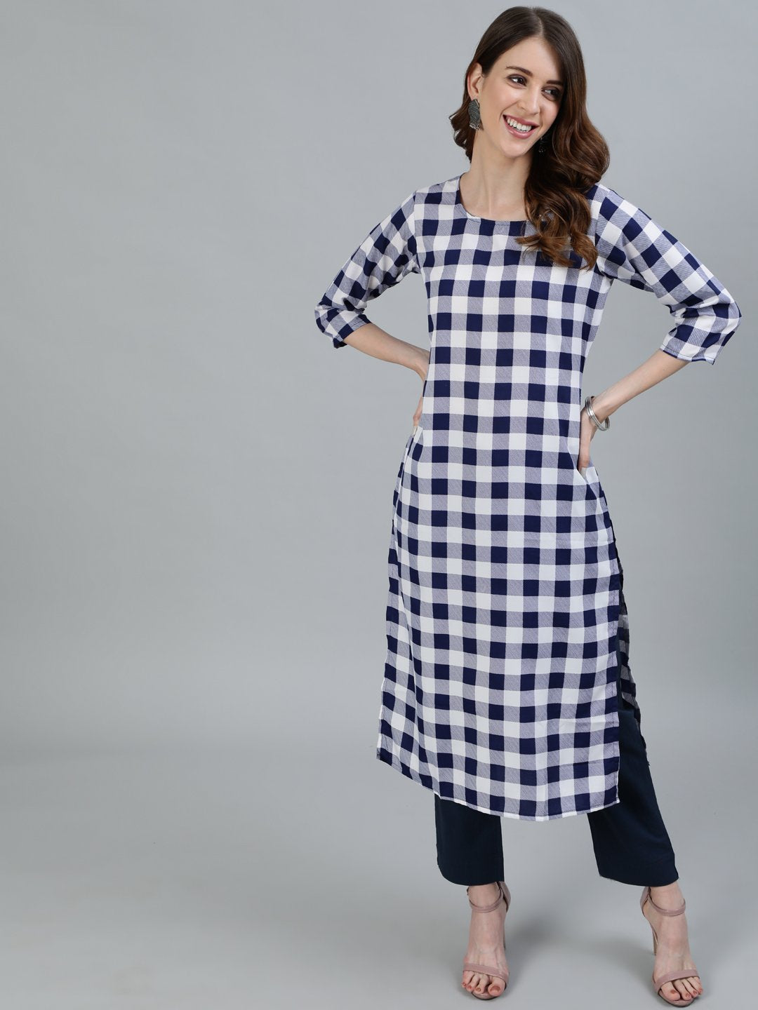 Women's Navy Blue Checked Printed Straight Kurta With Three Quarter Sleeves