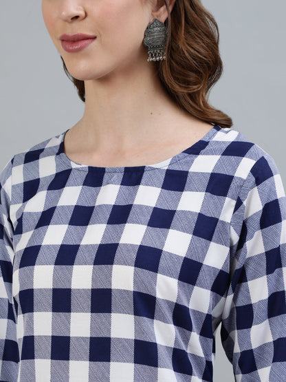 Women's Navy Blue Checked Printed Straight Kurta With Three Quarter Sleeves