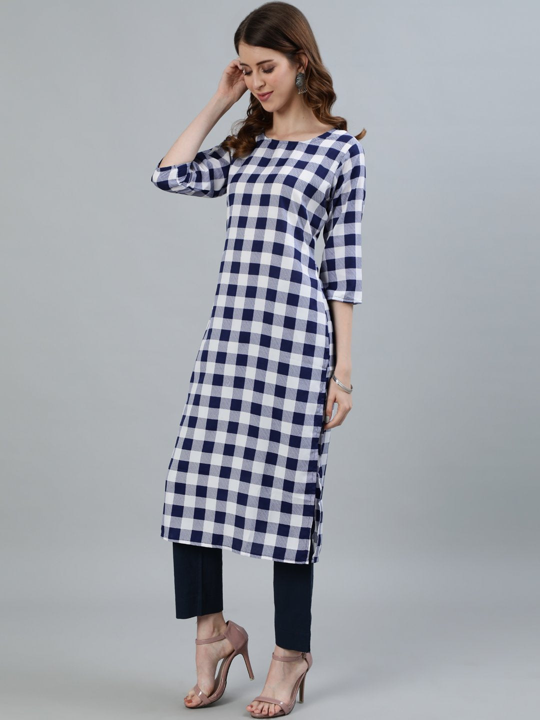 Women's Navy Blue Checked Printed Straight Kurta With Three Quarter Sleeves