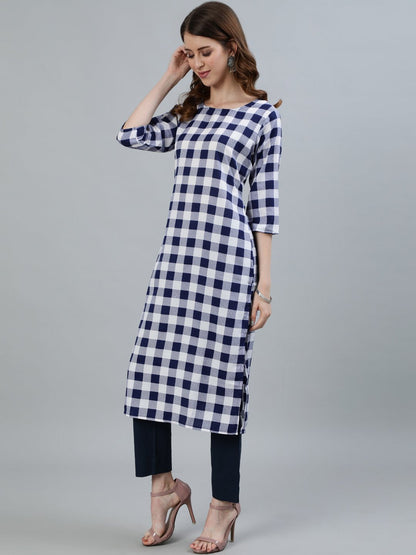 Women's Navy Blue Checked Printed Straight Kurta With Three Quarter Sleeves