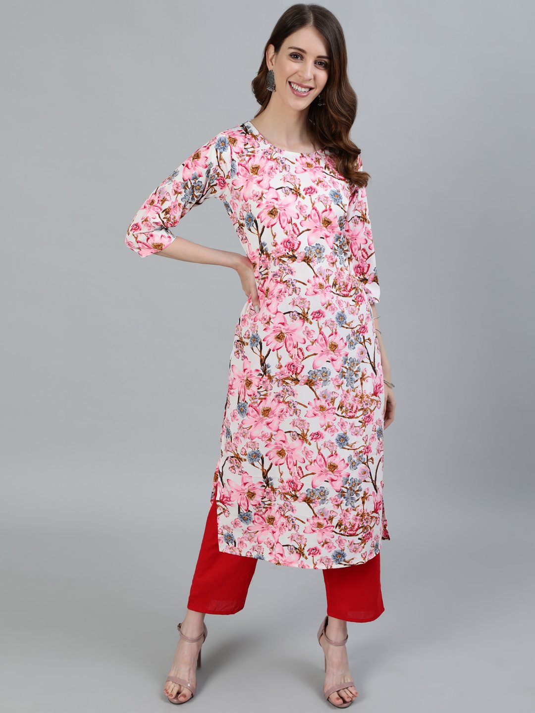 Women's Pink Floral Printed Straight Kurta With Three Quarter Sleeves