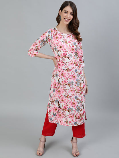 Women's Pink Floral Printed Straight Kurta With Three Quarter Sleeves