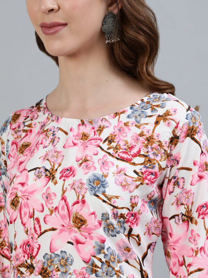 Women's Pink Floral Printed Straight Kurta With Three Quarter Sleeves