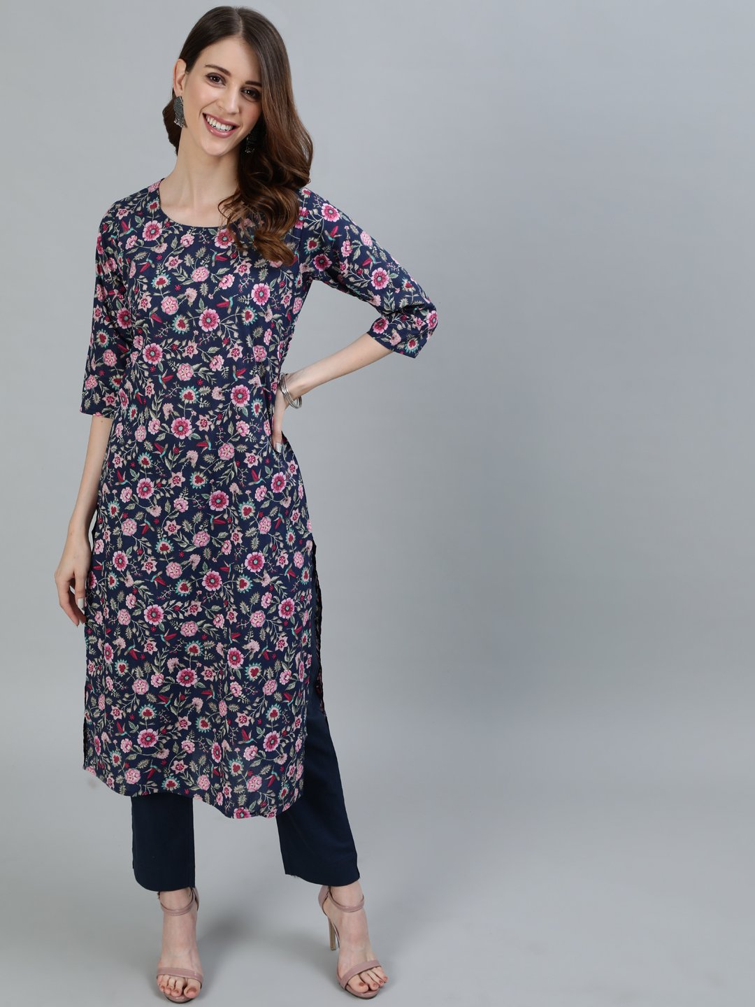 Women's Navy Blue Floral Printed Straight Kurta With Three Quarter Sleeves