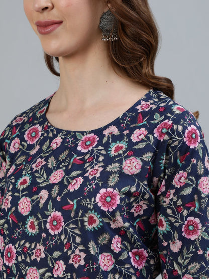 Women's Navy Blue Floral Printed Straight Kurta With Three Quarter Sleeves
