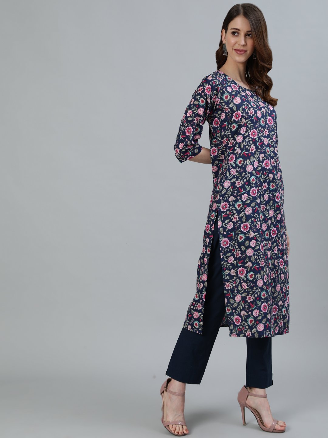 Women's Navy Blue Floral Printed Straight Kurta With Three Quarter Sleeves