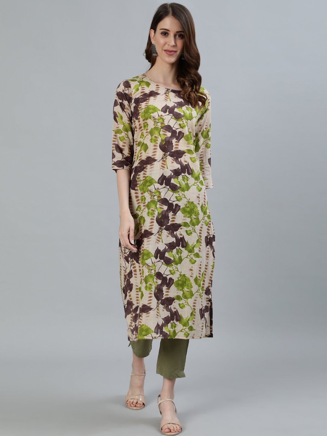 Women's Beige Floral Printed Straight Kurta With Three Quarter Sleeves