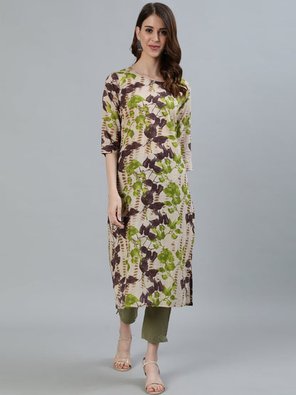 Women's Beige Floral Printed Straight Kurta With Three Quarter Sleeves