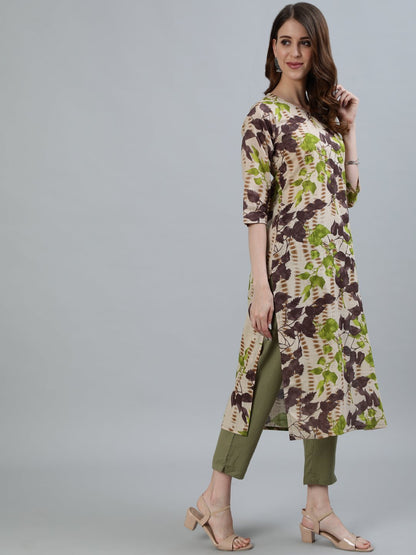 Women's Beige Floral Printed Straight Kurta With Three Quarter Sleeves