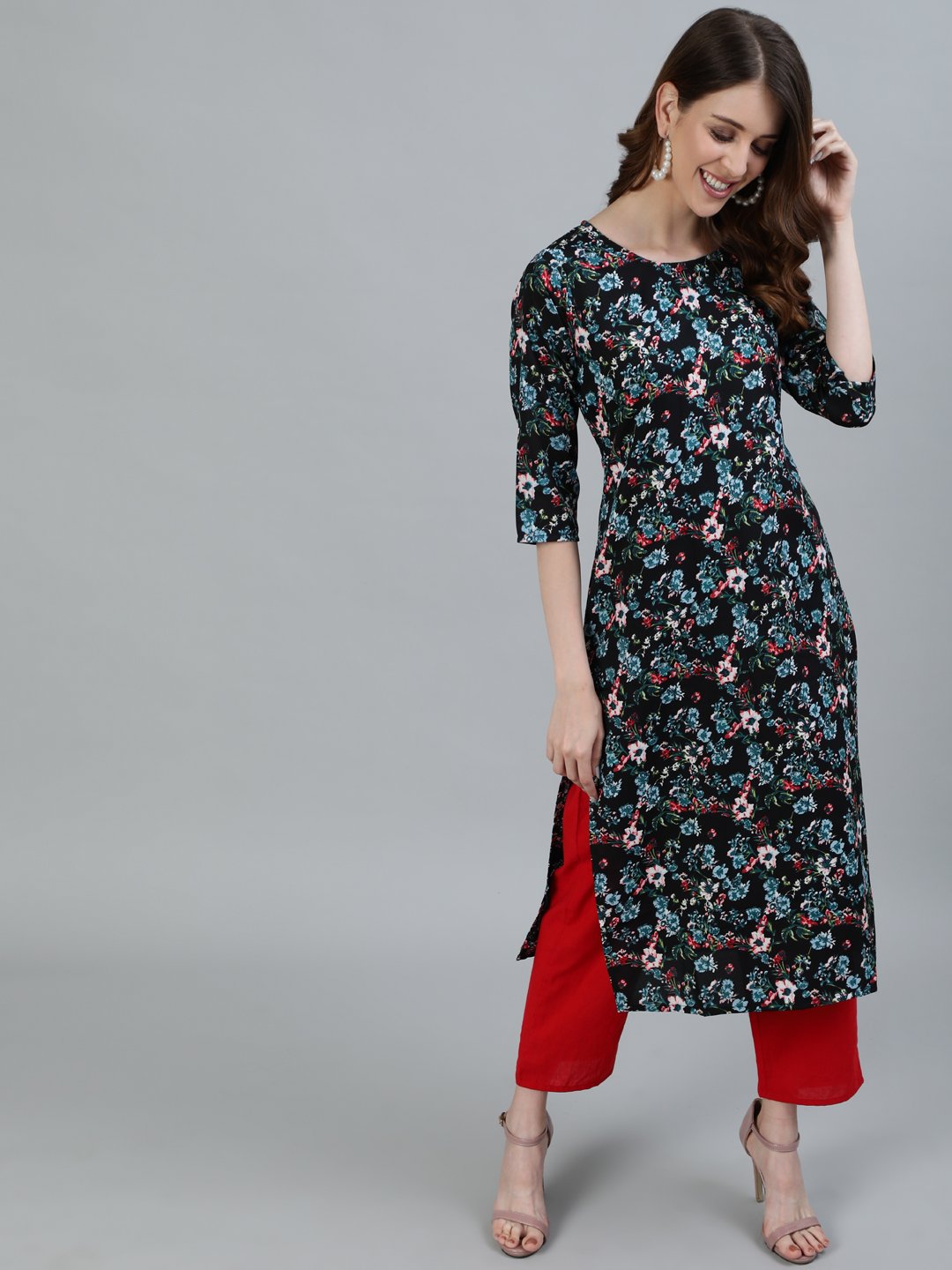 Women's Black Floral Printed Straight Kurta With Three Quarter Sleeves