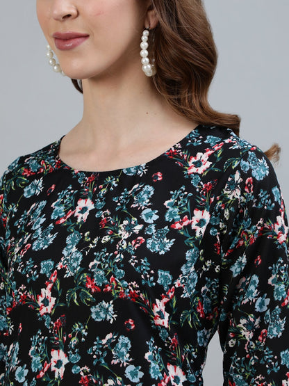 Women's Black Floral Printed Straight Kurta With Three Quarter Sleeves