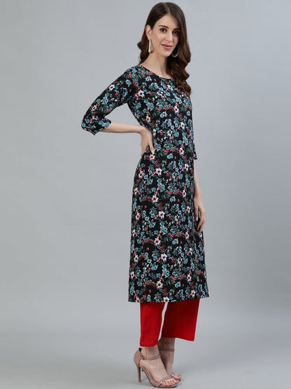 Women's Black Floral Printed Straight Kurta With Three Quarter Sleeves