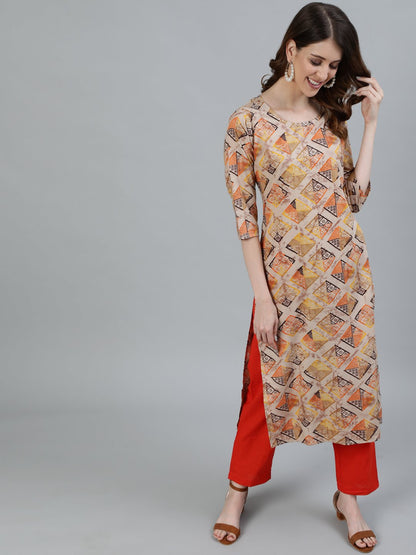 Women's Beige Printed Straight Kurta With Three Quarter Sleeves
