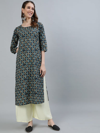 Women's Grey Printed Straight Kurta With Three Quarter Sleeves