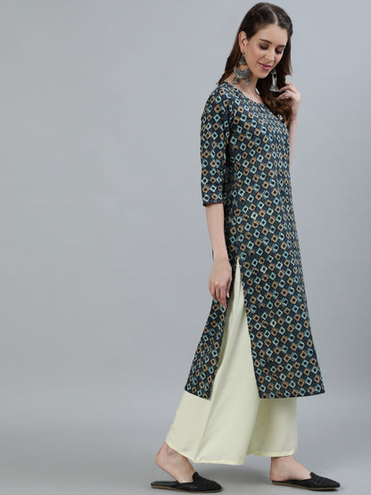 Women's Grey Printed Straight Kurta With Three Quarter Sleeves