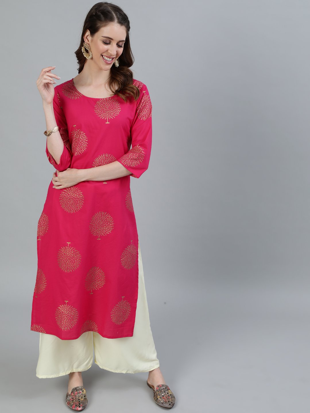 Women's Pink Printed Straight Kurta With Three Quarter Sleeves