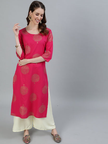 Women's Pink Printed Straight Kurta With Three Quarter Sleeves