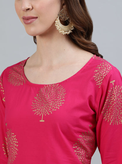 Women's Pink Printed Straight Kurta With Three Quarter Sleeves