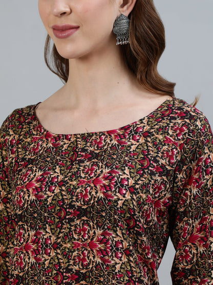 Women's Olive Green Printed Straight Kurta With Three Quarter Sleeves