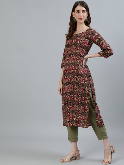 Women's Olive Green Printed Straight Kurta With Three Quarter Sleeves