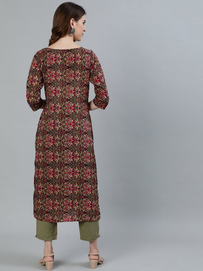 Women's Olive Green Printed Straight Kurta With Three Quarter Sleeves