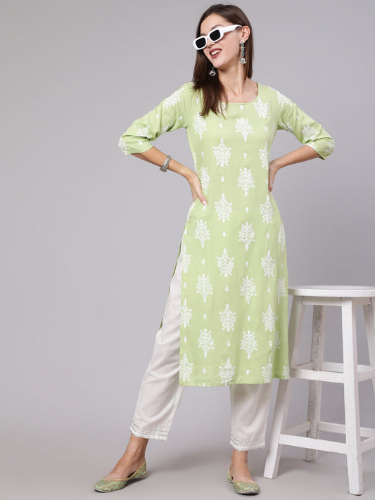 Women's Green Printed Straight kurta With Three Quarter Sleeves - AASI