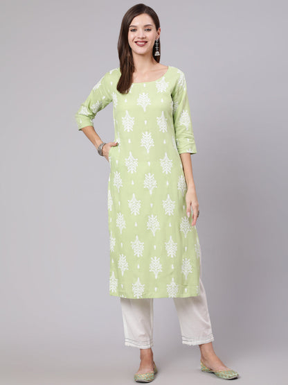 Women's Green Printed Straight kurta With Three Quarter Sleeves - AASI