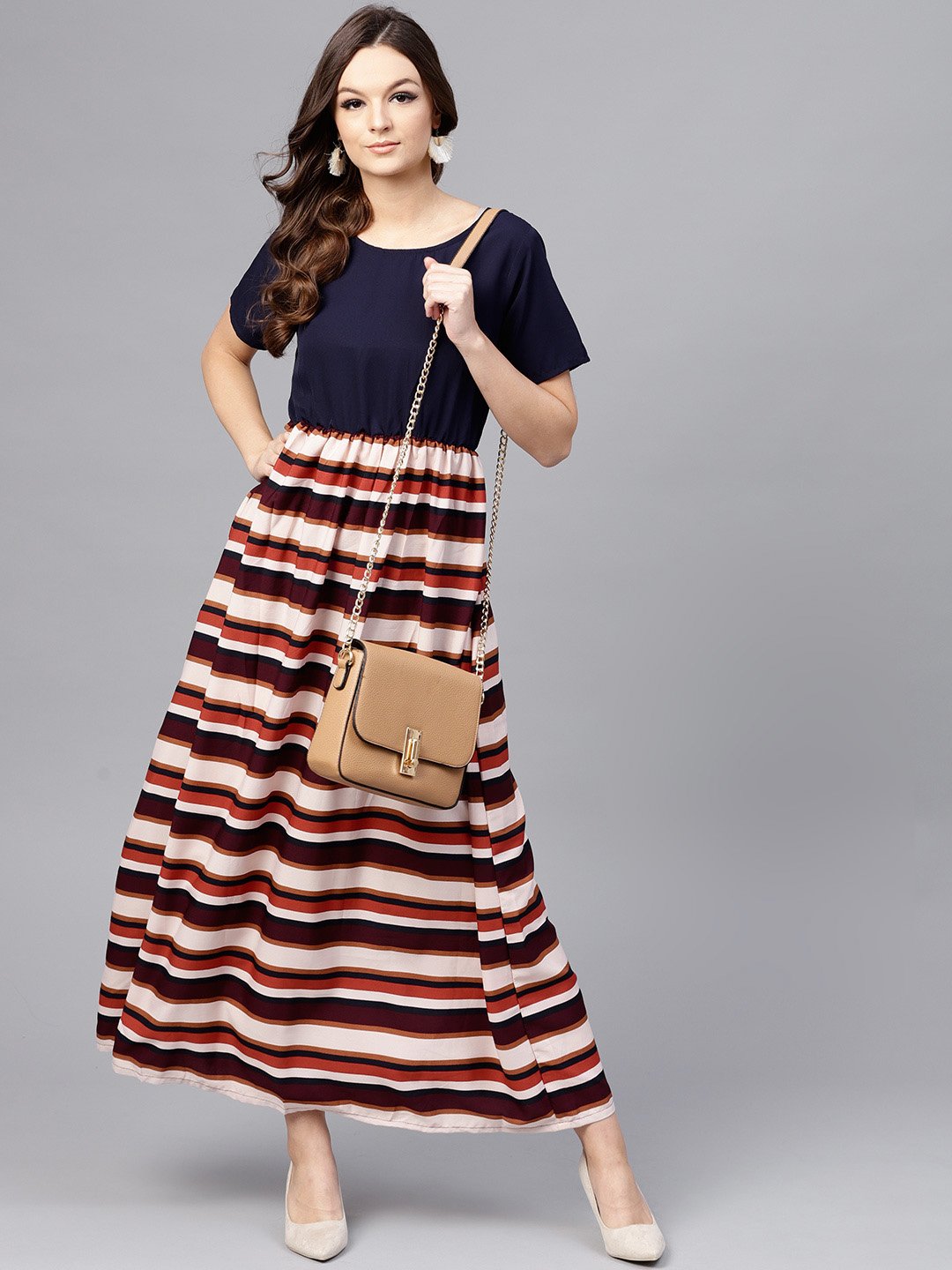 Women's Multi Colored Maxi Dress With Round Neck And Half Sleeves