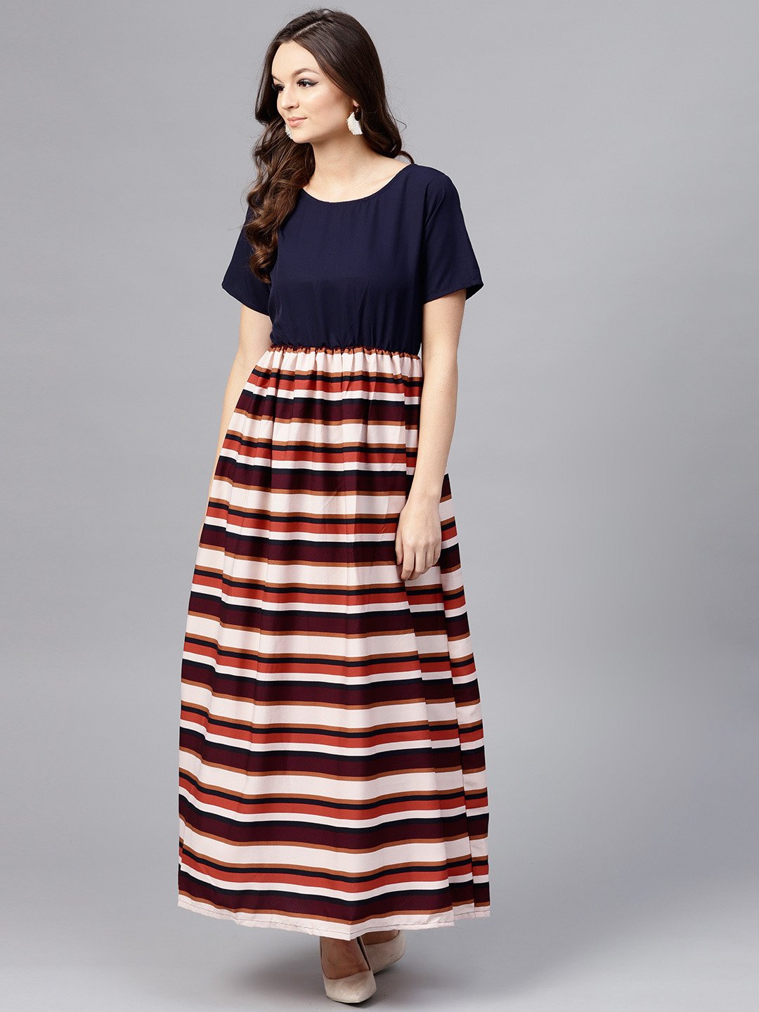 Women's Multi Colored Maxi Dress With Round Neck And Half Sleeves