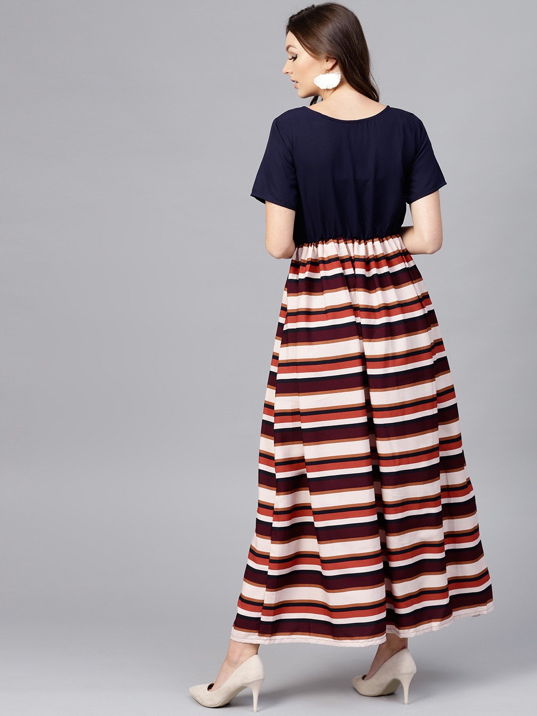 Women's Multi Colored Maxi Dress With Round Neck And Half Sleeves