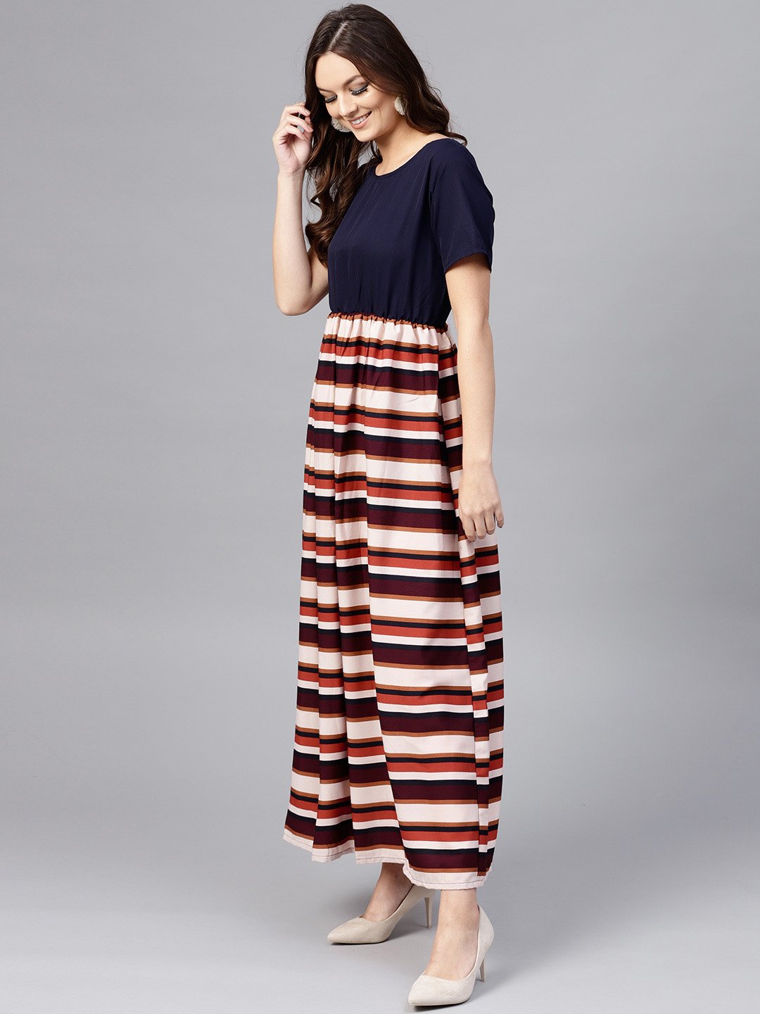 Women's Multi Colored Maxi Dress With Round Neck And Half Sleeves