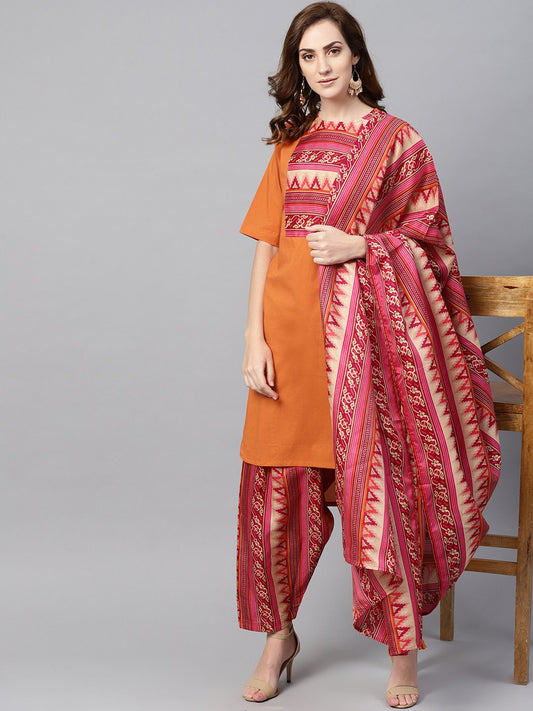 Women's Red Half Sleeve Printed Cotton Kurta With Printed Palazzo And Dupatta