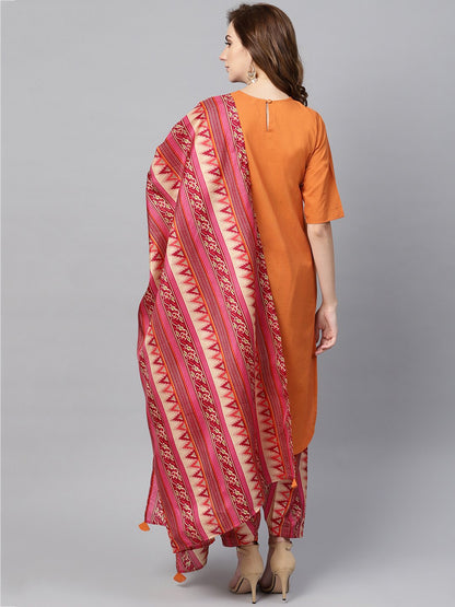 Women's Red Half Sleeve Printed Cotton Kurta With Printed Palazzo And Dupatta