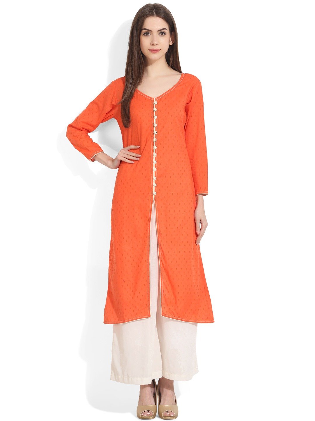 Women's Orange Woven Design A-Line Kurta