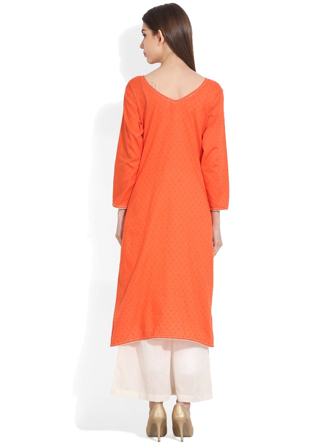 Women's Orange Woven Design A-Line Kurta