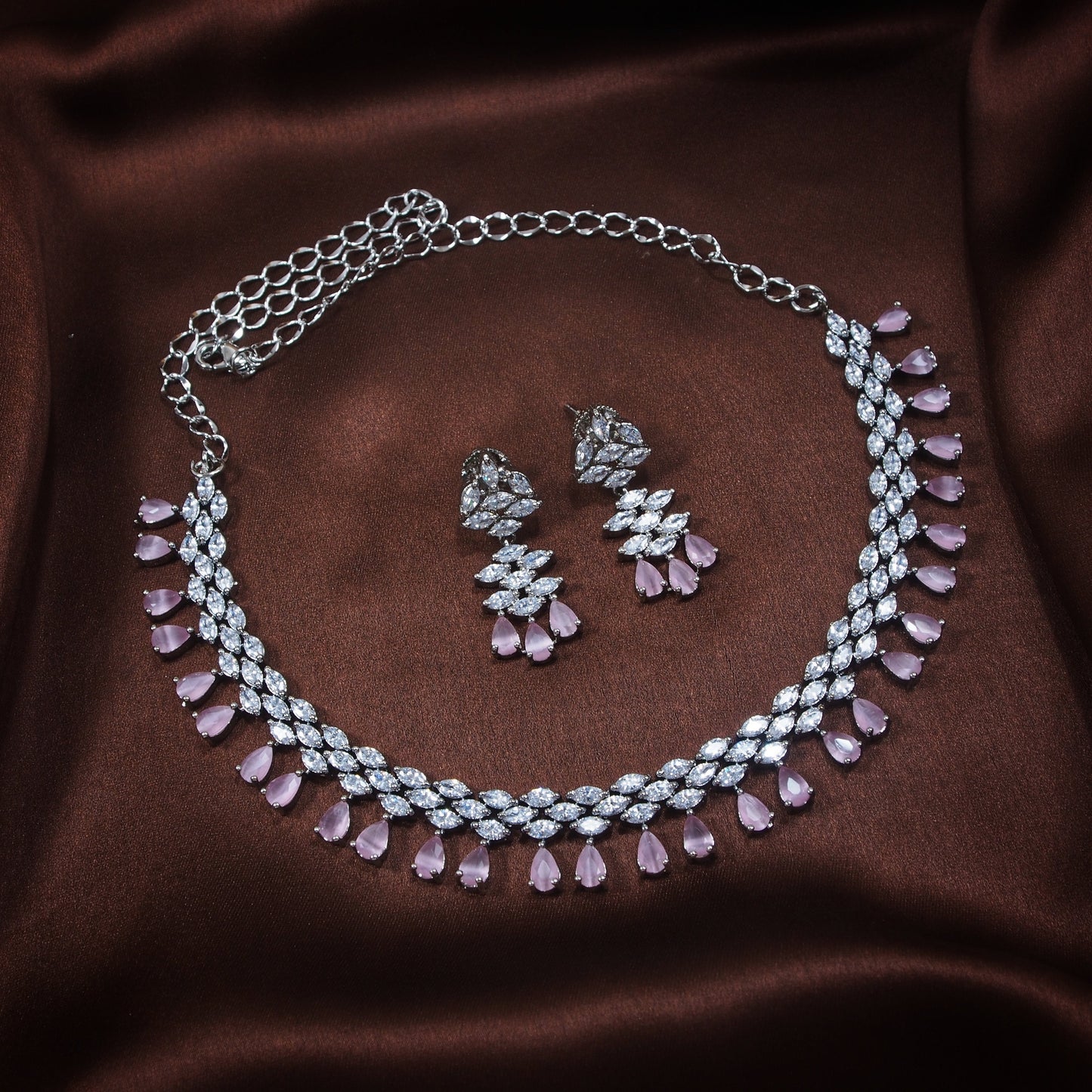Women's Rhodium Pink Jewellery Set