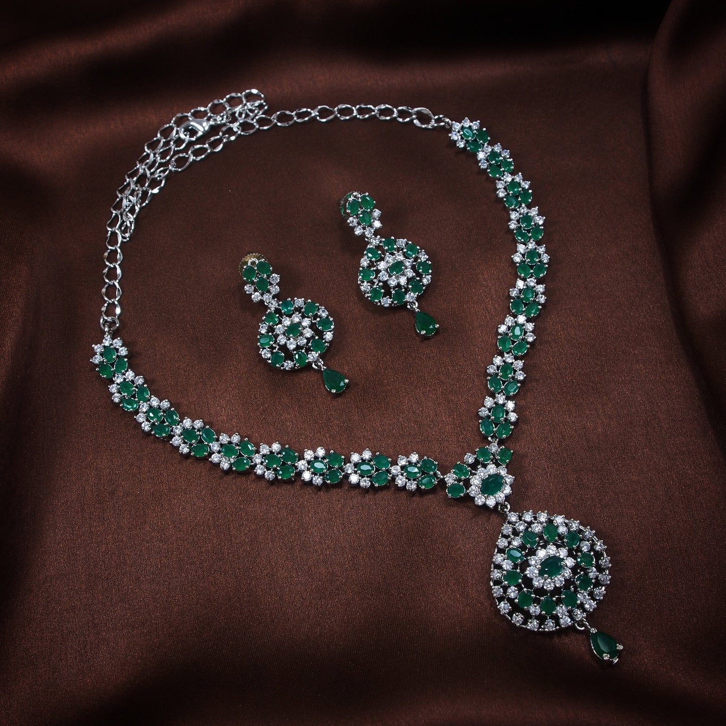 Women's Rhodium Green Jewellery Set