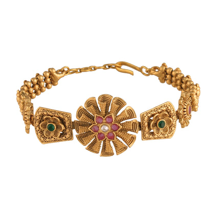 Women's Gold Plated Traditional Brass Ruby Green Stone Bajuband /Vanki/Armlet Rajwadi Jewellery