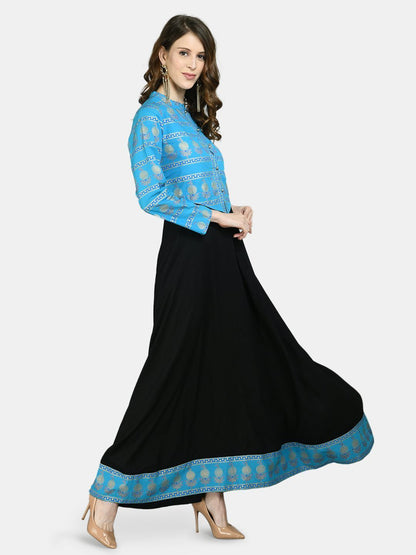 Women's Black Viscose Printed Full Sleeve Round Neck Casual Dress with  Jacket
