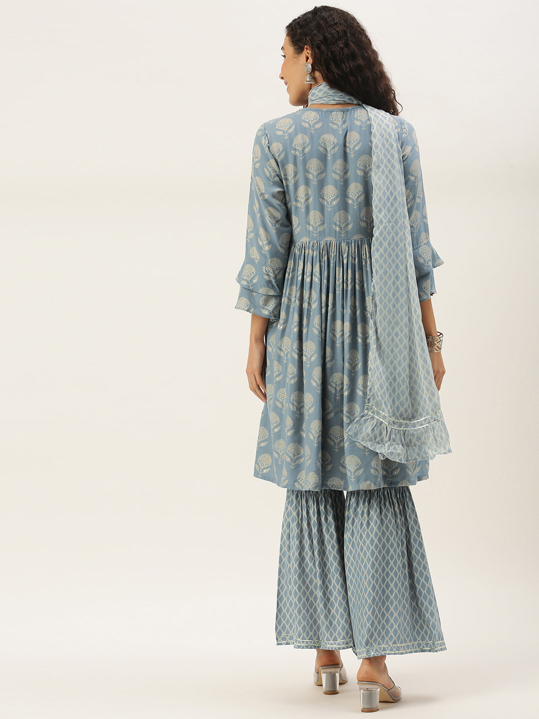 Women's Grey Color Muslin Foil Printed Kurta Sharara With Dupatta
