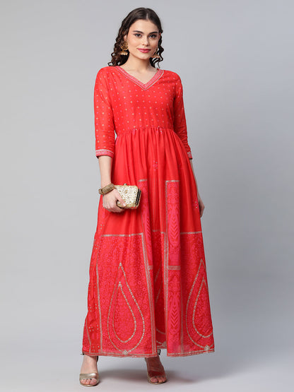 Women's Red Chanderi Khari Printed Dress